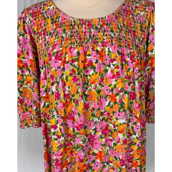Terra & Sky 14W 0X 100% Rayon Pink Orange Floral Blouse Short Sleeve - Picture 2 of 8